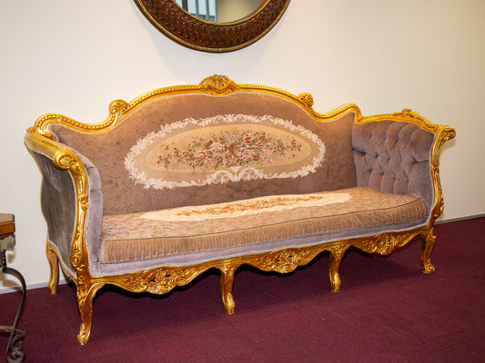 Grand Baroque-Style Gilt Sofa with Floral Embroidery and Tufted Accents