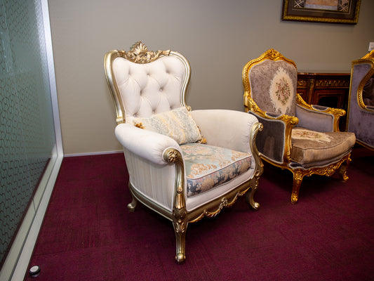 Luxurious Baroque-Inspired Gilt Armchair with Tufted Back and Patterned Upholstery