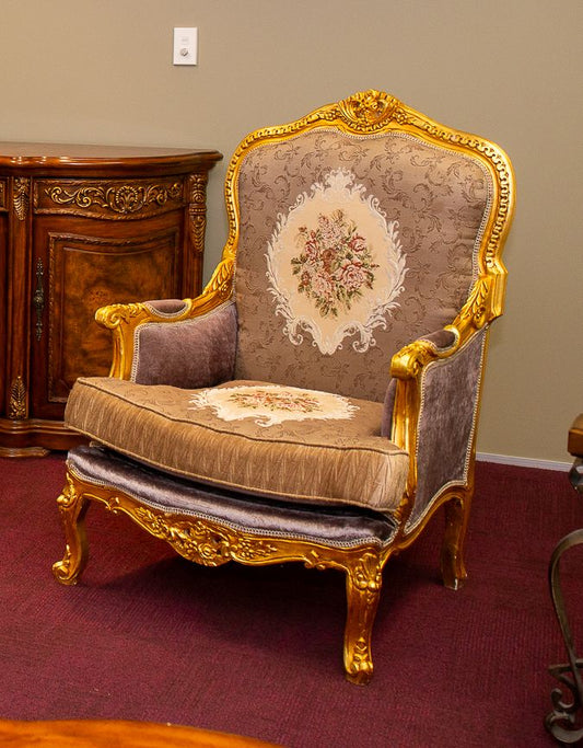 Magnificent French Baroque Style Armchair - Gilded Frame with Floral Embroidered Accents