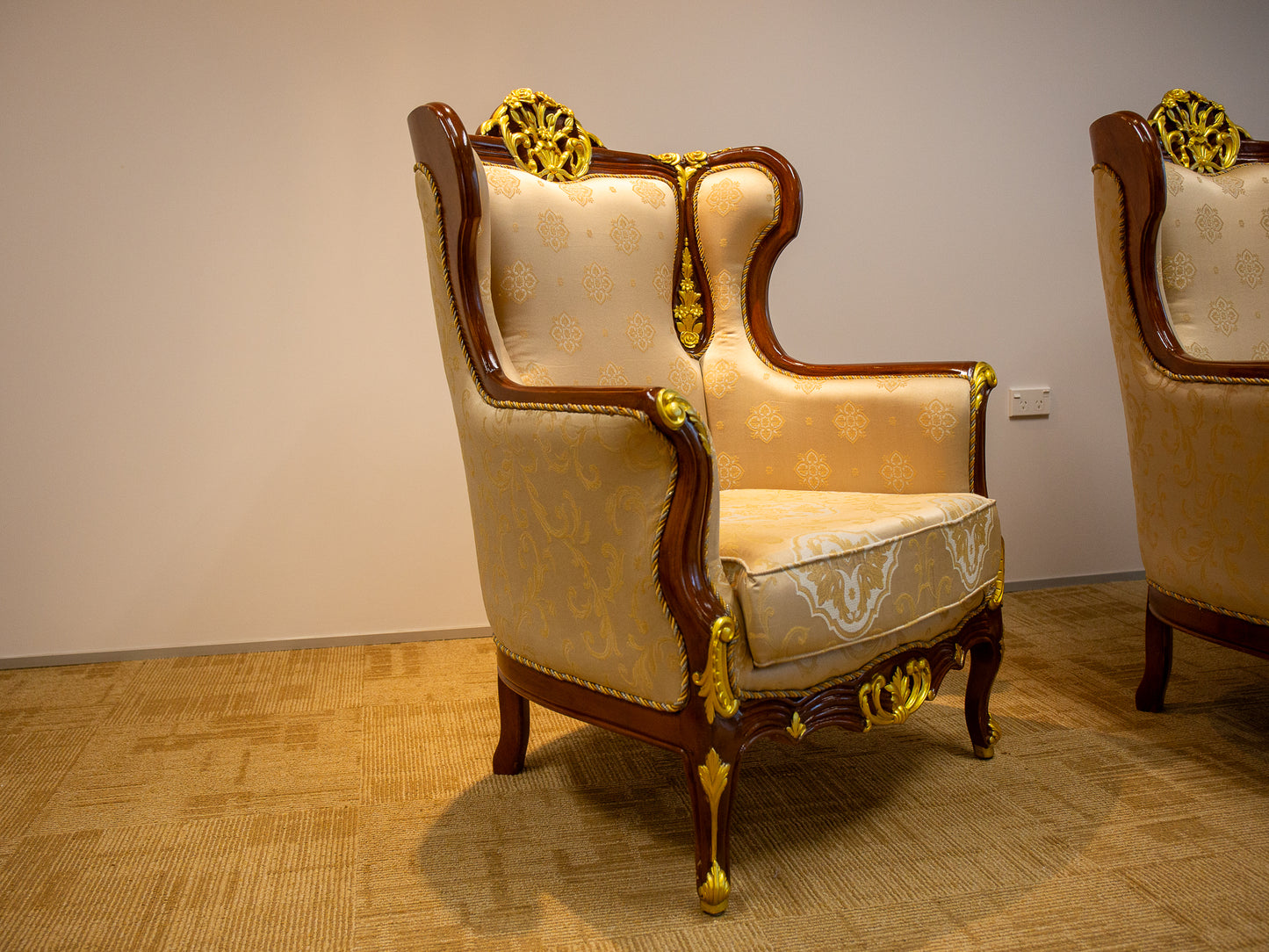 Carved Wing Back Chair with Golden Trim