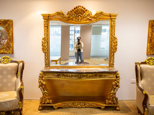 Large Royal Gold and Marble Topped Mirror Dresser