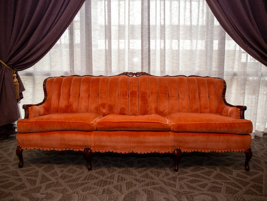 Traditional Rust Velvet Three-Seater Sofa with Carved Wood Frame