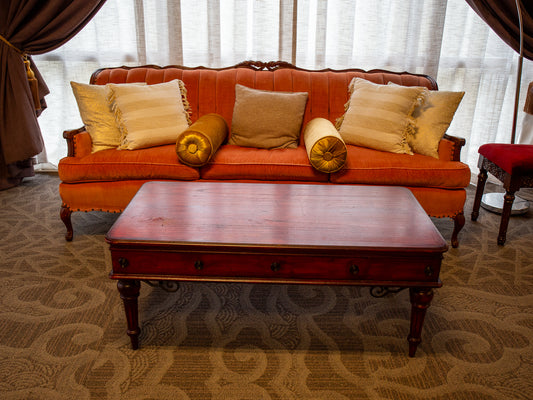 Traditional Rust Velvet Three-Seater Sofa with Carved Wood Frame