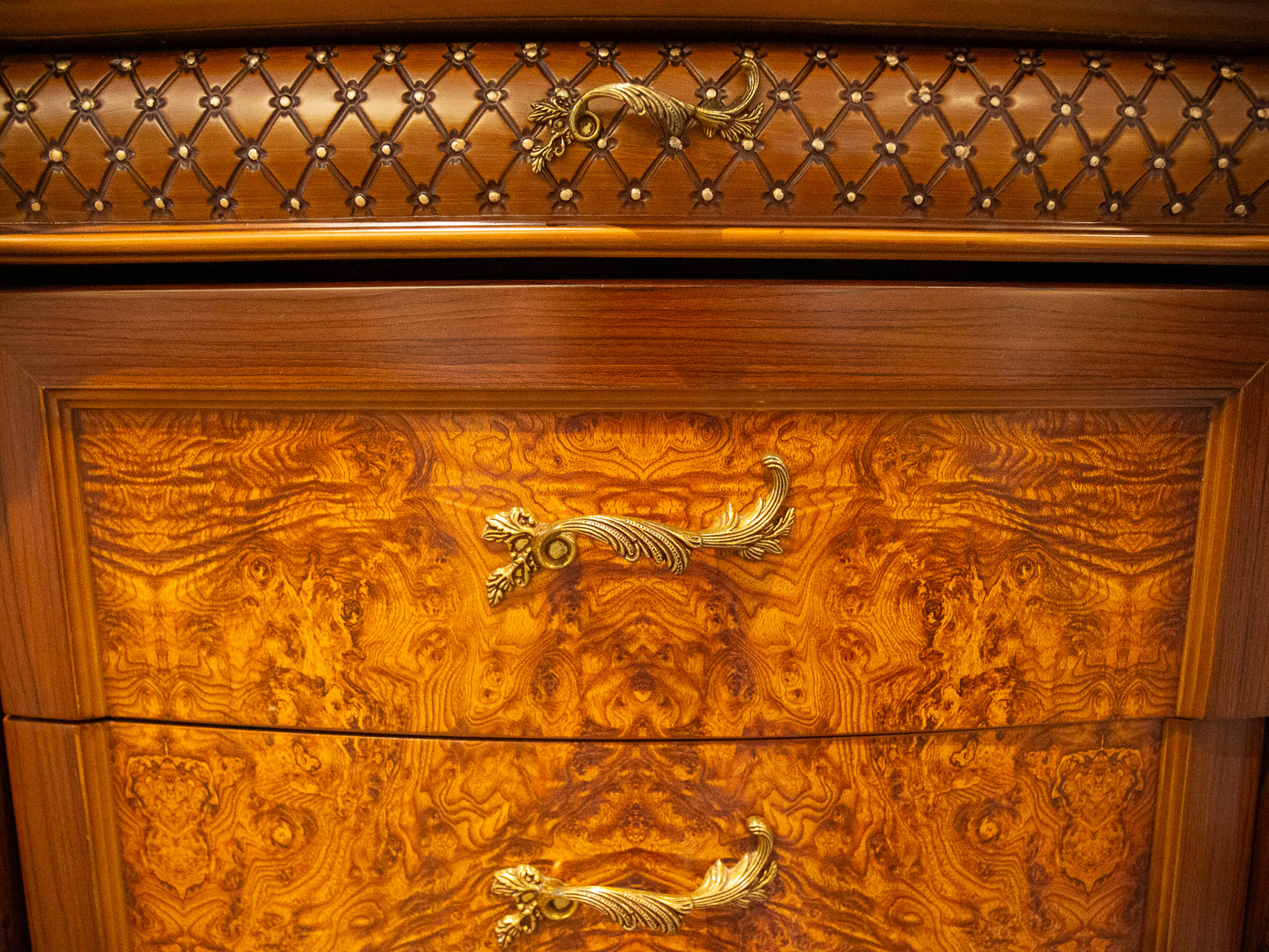 Burlwood & Gold Baroque Tall Chest