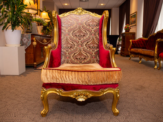 Majestic Baroque-Style Gilt High-Back Armchair with Patterned and Velvet Upholstery