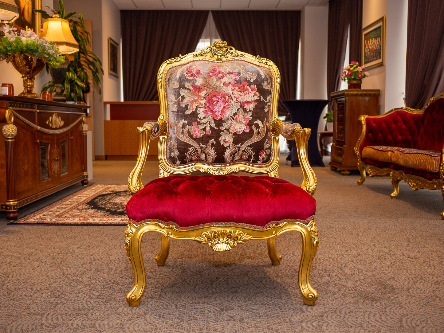 Exquisite Baroque-Style Gilt Armchair with Floral & Velvet Upholstery