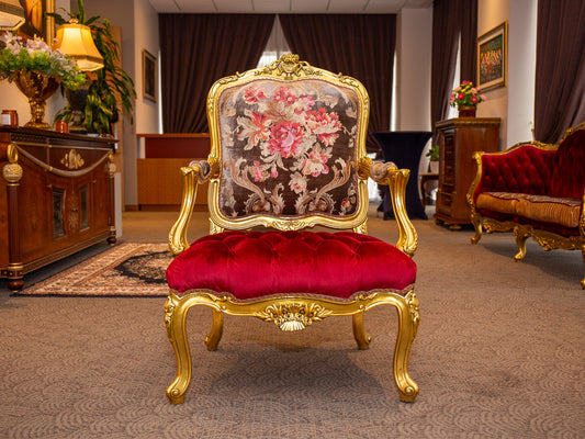 Exquisite Baroque-Style Gilt Armchair with Floral & Velvet Upholstery