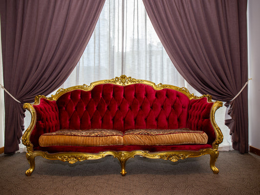 Opulent Baroque-Style Red Velvet Sofa with Gilt Frame