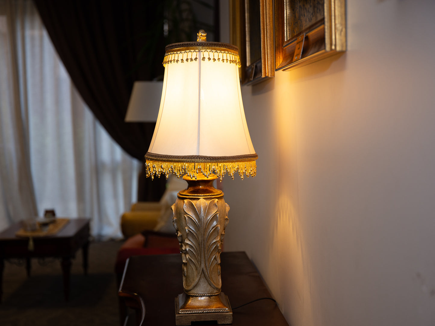 Lavish Carved Silver Lamp – Nature Motif with Gold Beaded Fringe