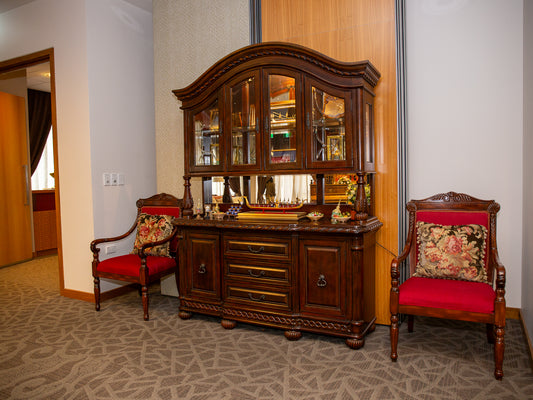 Ornate Wooden China Cabinet with Glass Display and Carved Detailing