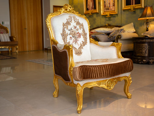 Royal French Provincial Giltwood Style Arm Chair – White & Brown Floral Accent