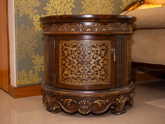Round Side Table Cabinet – Ornate Leaf Inlay & Floral Carved Doors