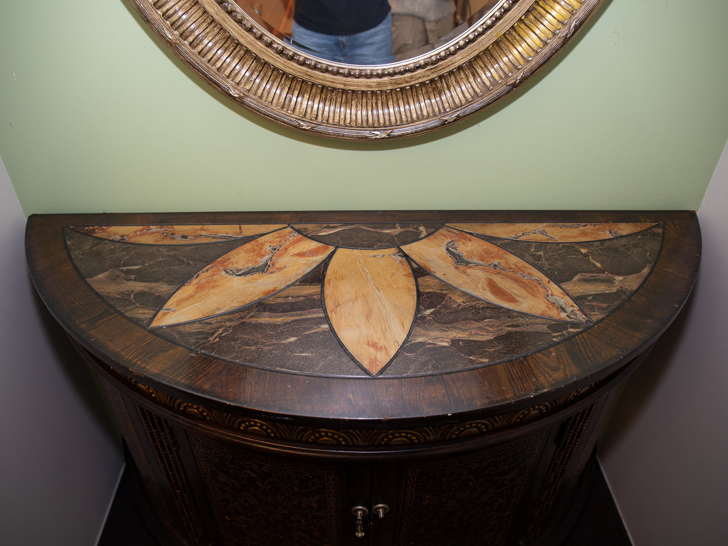 Antique Half Circle Cabinet – Ornate Leaf Inlay & Floral Carved Doors