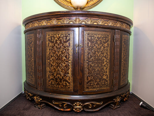 Antique Half Circle Cabinet – Ornate Leaf Inlay & Floral Carved Doors