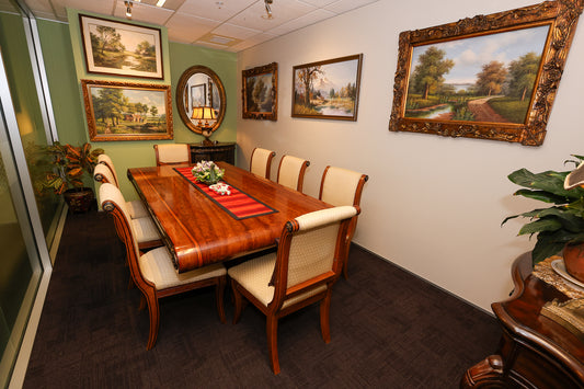 Ornate Dining Table / Meeting Table with 8 Carved Upholstered Chairs