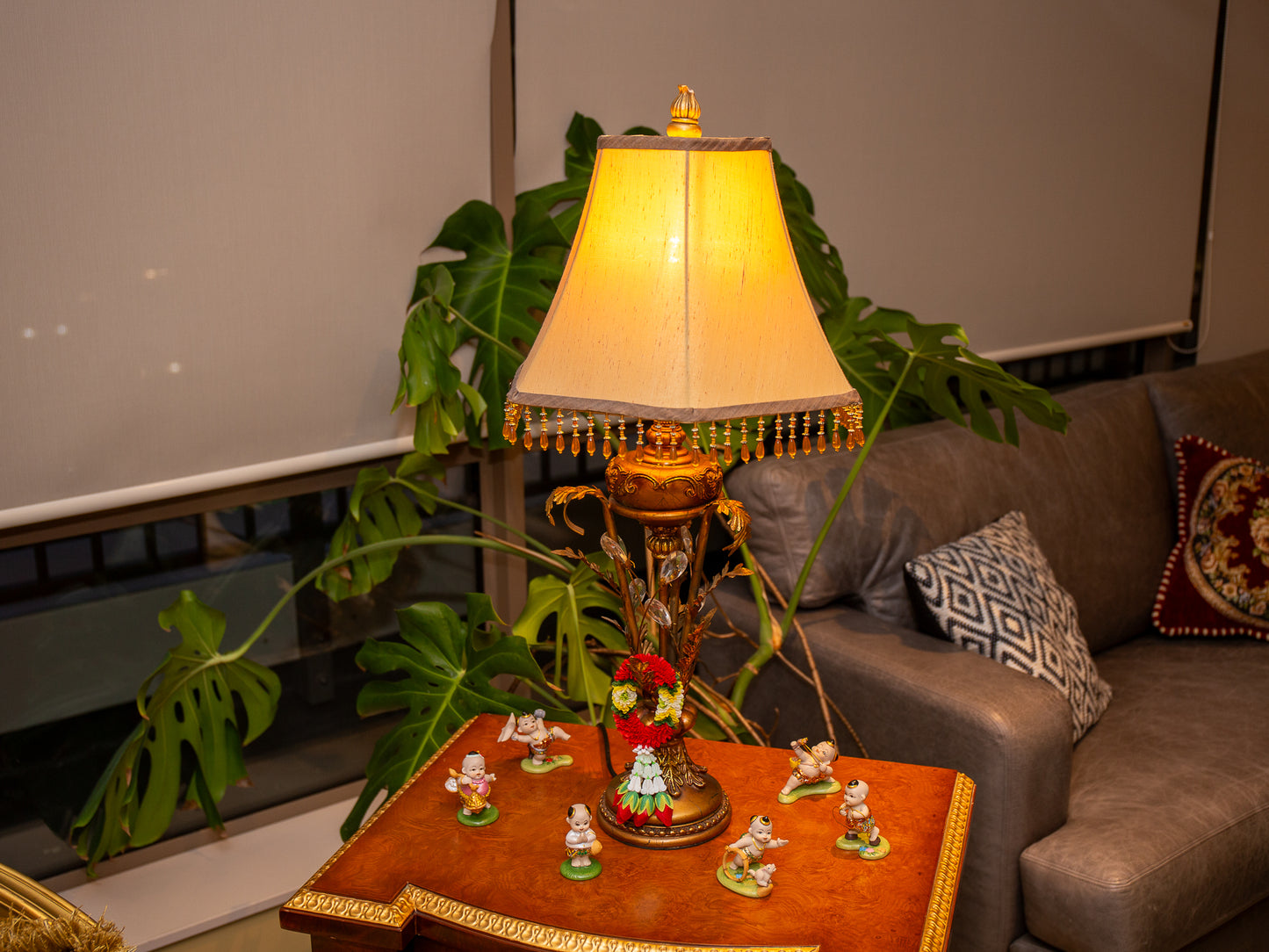 Floral Design Lamp – Ornate Brass Base with Crystal-Trimmed Shade
