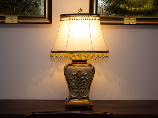 Lavish Carved Silver Lamp – Nature Motif with Gold Beaded Fringe