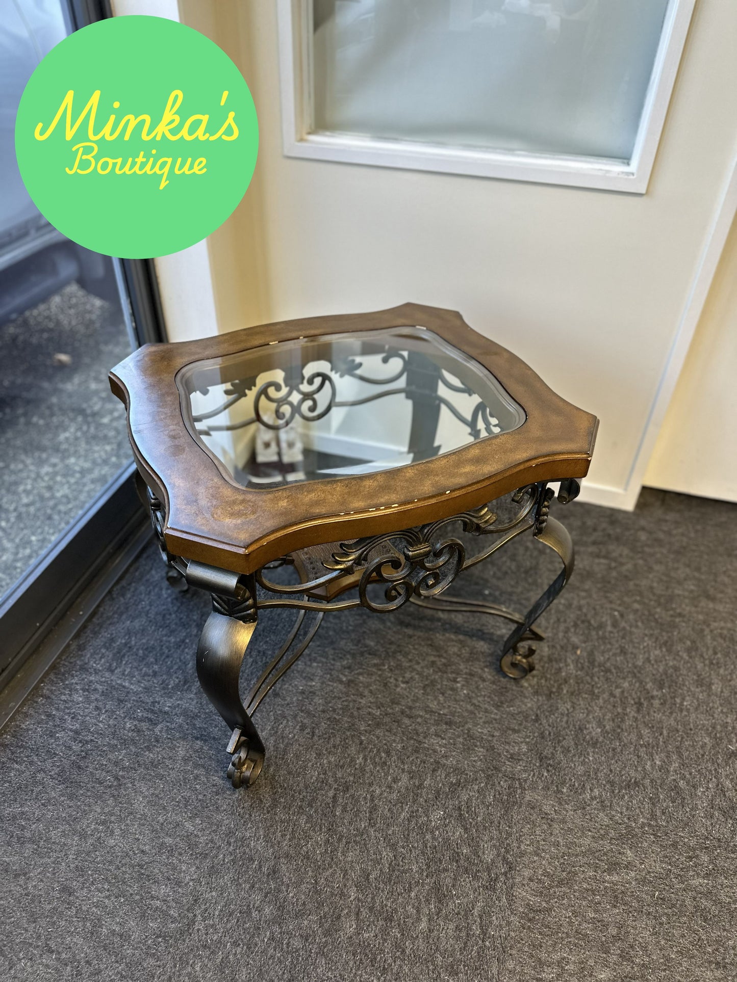 Decorative Glass Top Wrought Iron Accent Table
