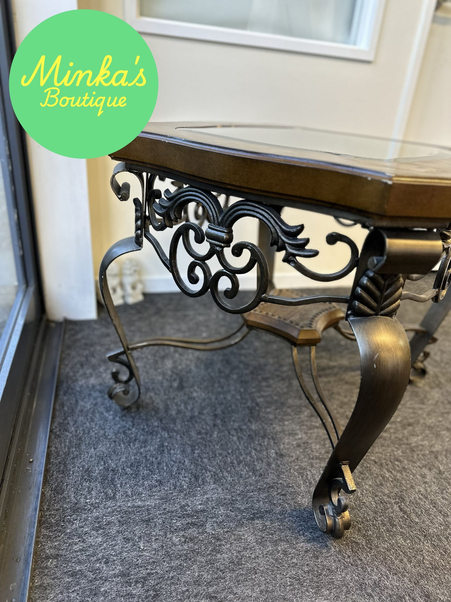 Decorative Glass Top Wrought Iron Accent Table