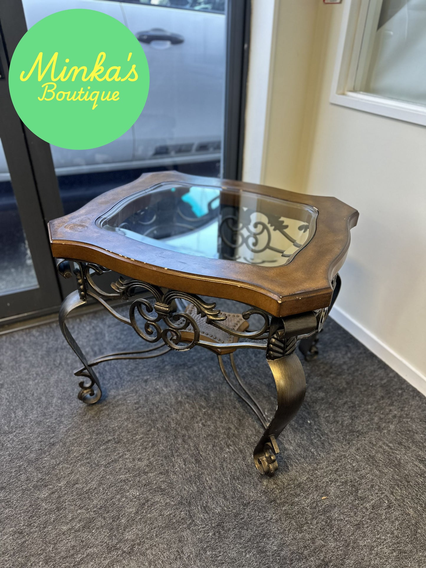 Decorative Glass Top Wrought Iron Accent Table