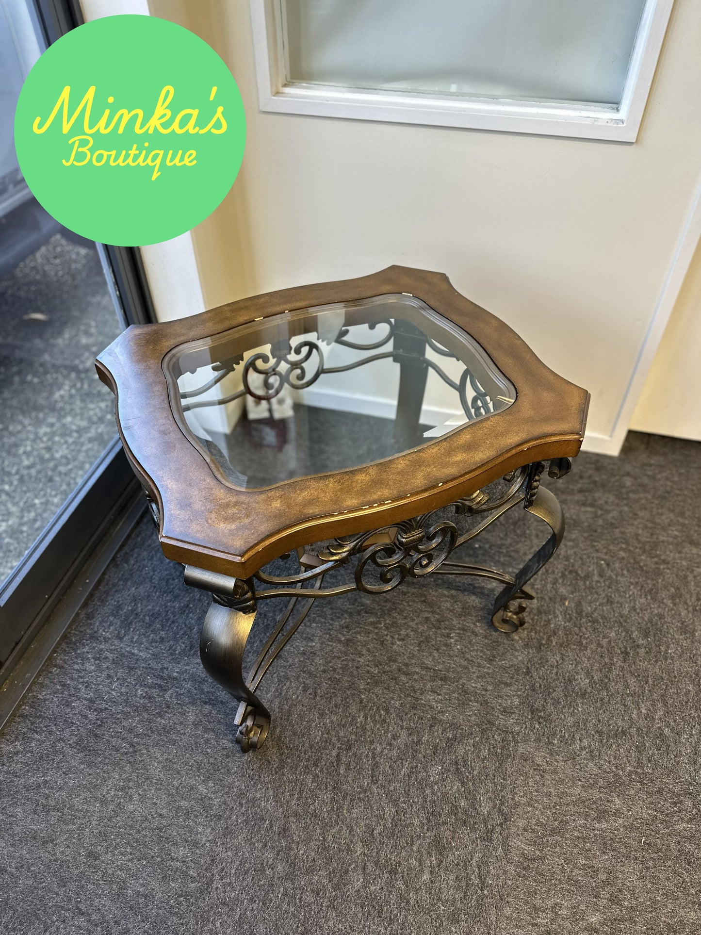Decorative Glass Top Wrought Iron Accent Table