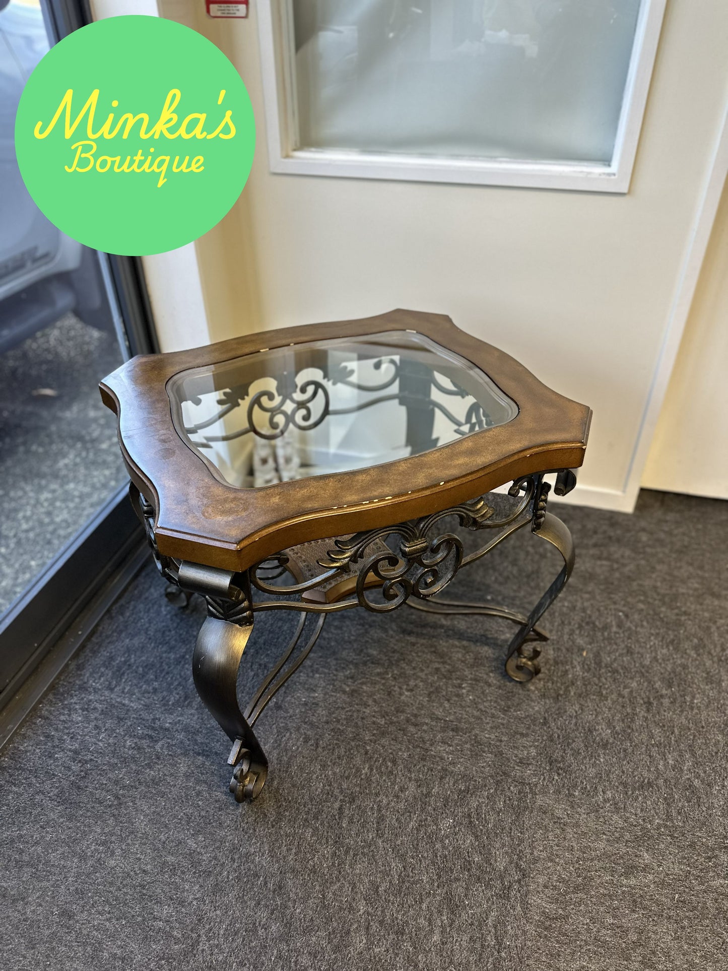 Decorative Glass Top Wrought Iron Accent Table