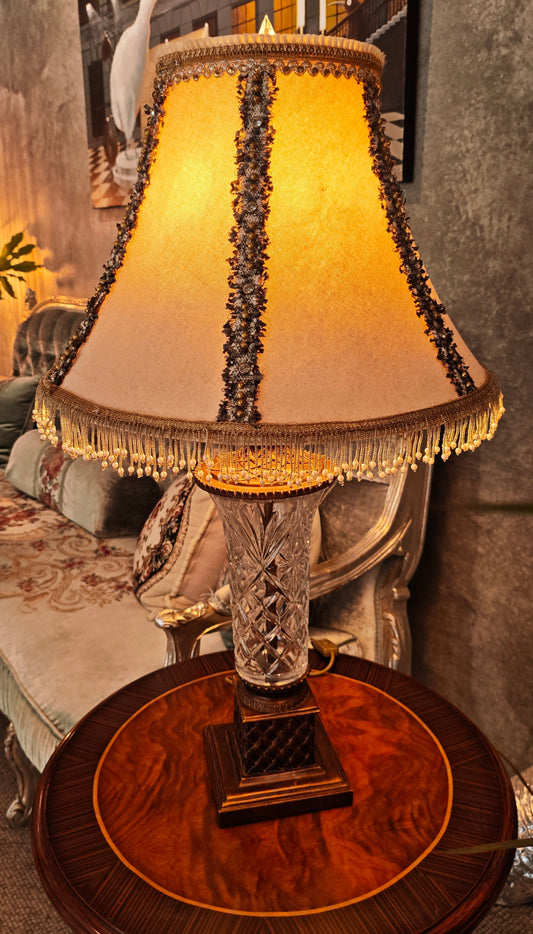 Crystal Bodied Glass Lamp – Crystal Base with Gold Accents and Pearl Trim