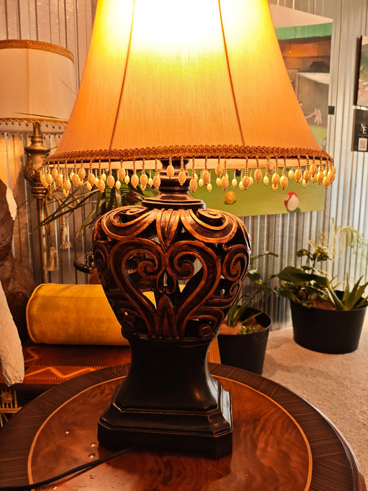 Decorative Table Lamp – Carved Wooden Base with Pearl Trim Shade