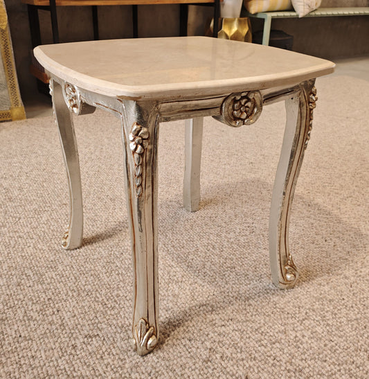 Rococo Style Marble Topped Silver Side Table