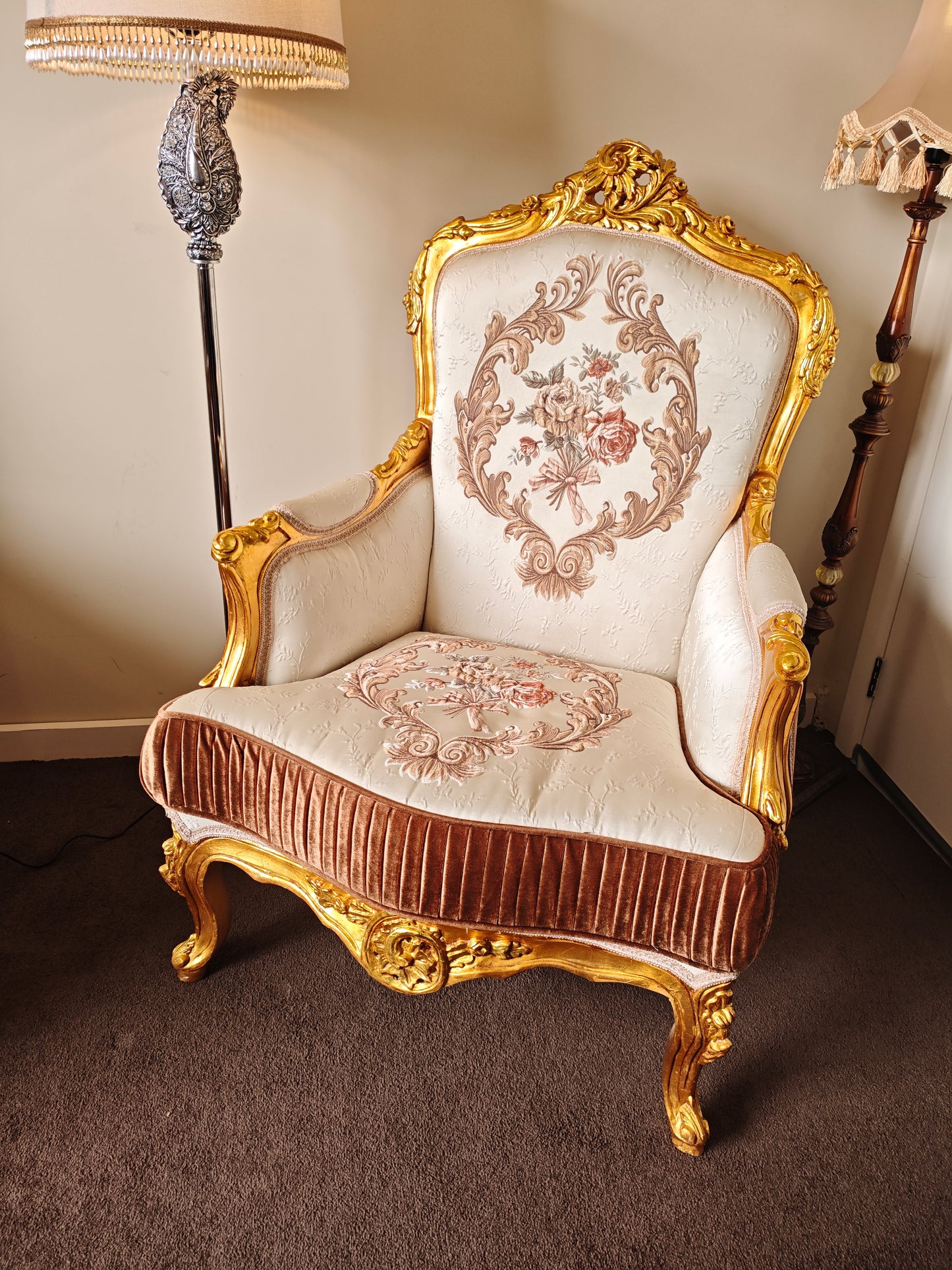 Royal French Provincial Giltwood Style Arm Chair – White & Brown Floral Accent