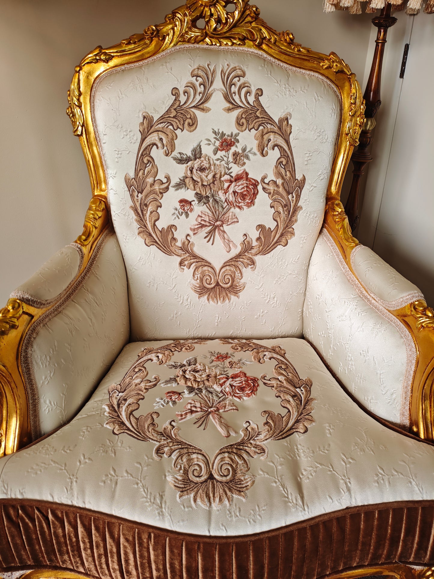 Royal French Provincial Giltwood Style Arm Chair – White & Brown Floral Accent