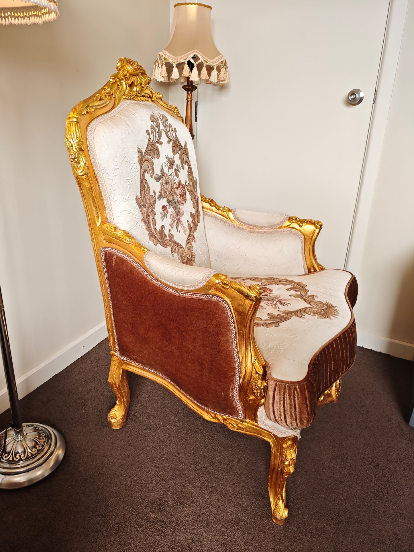 Royal French Provincial Giltwood Style Arm Chair – White & Brown Floral Accent