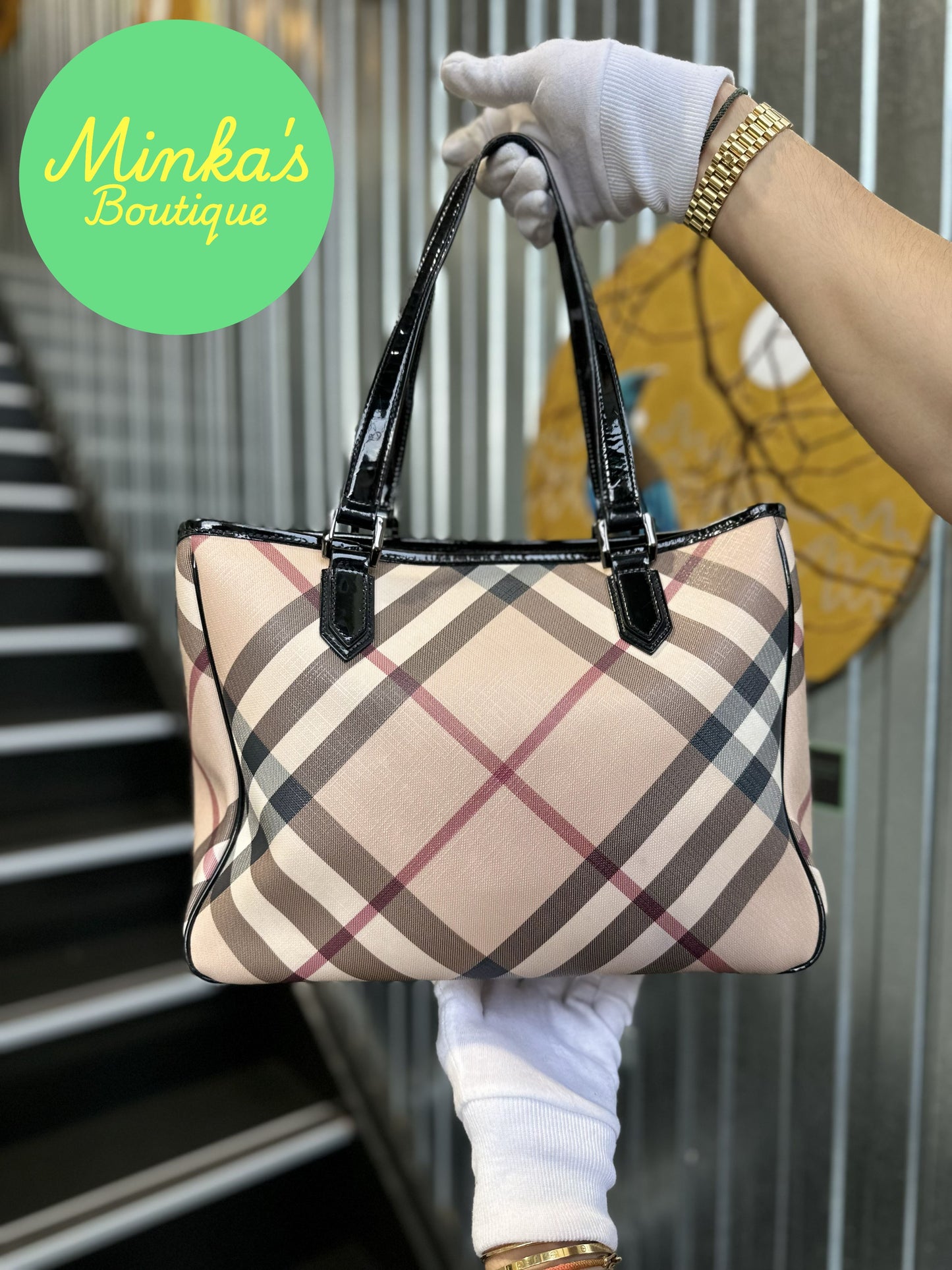 Burberry Nova Check Patent Emmy Tote