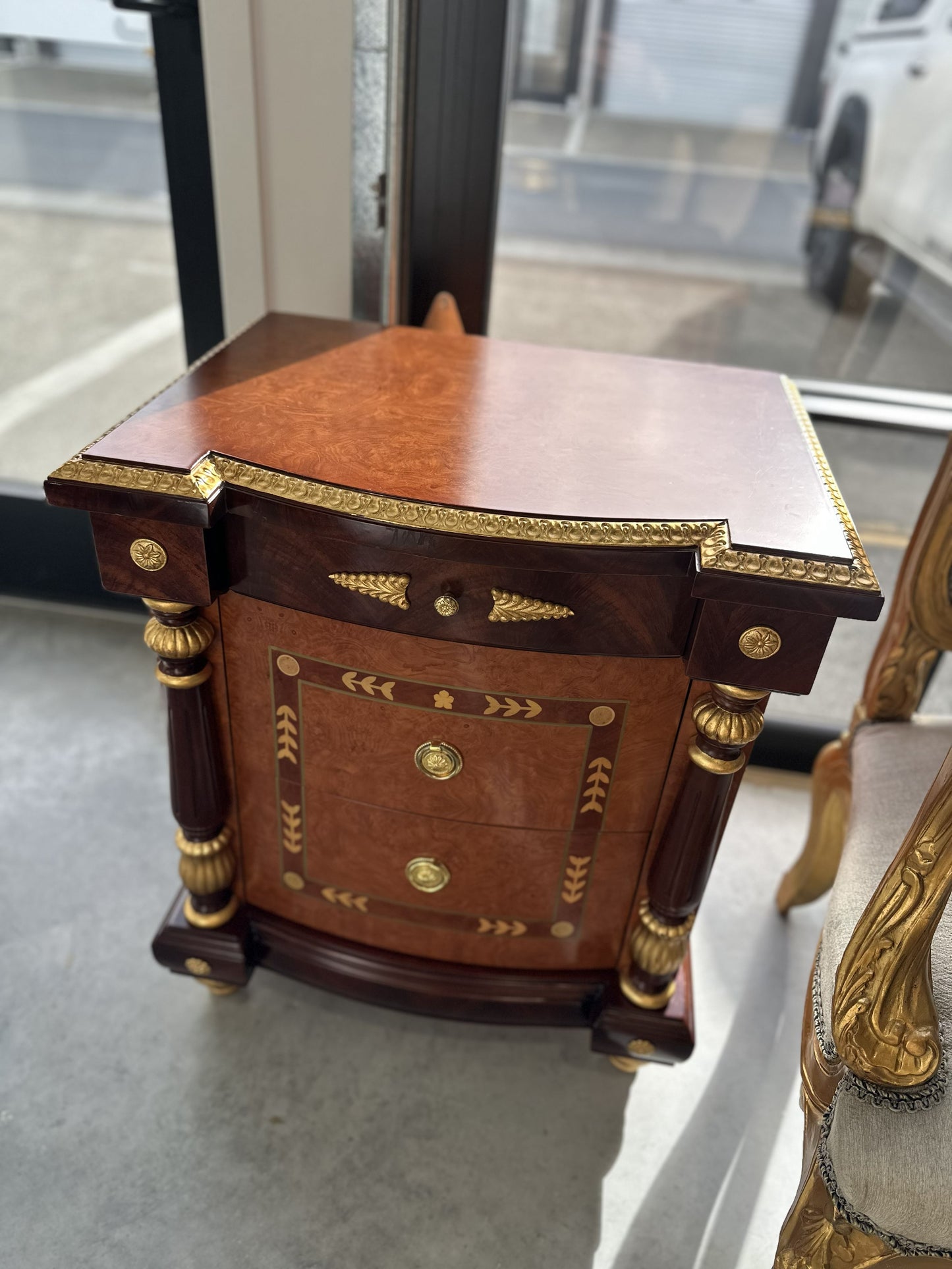 19th Century French style Bedside Table with Marquetry Inlay look with Giltwood Accents