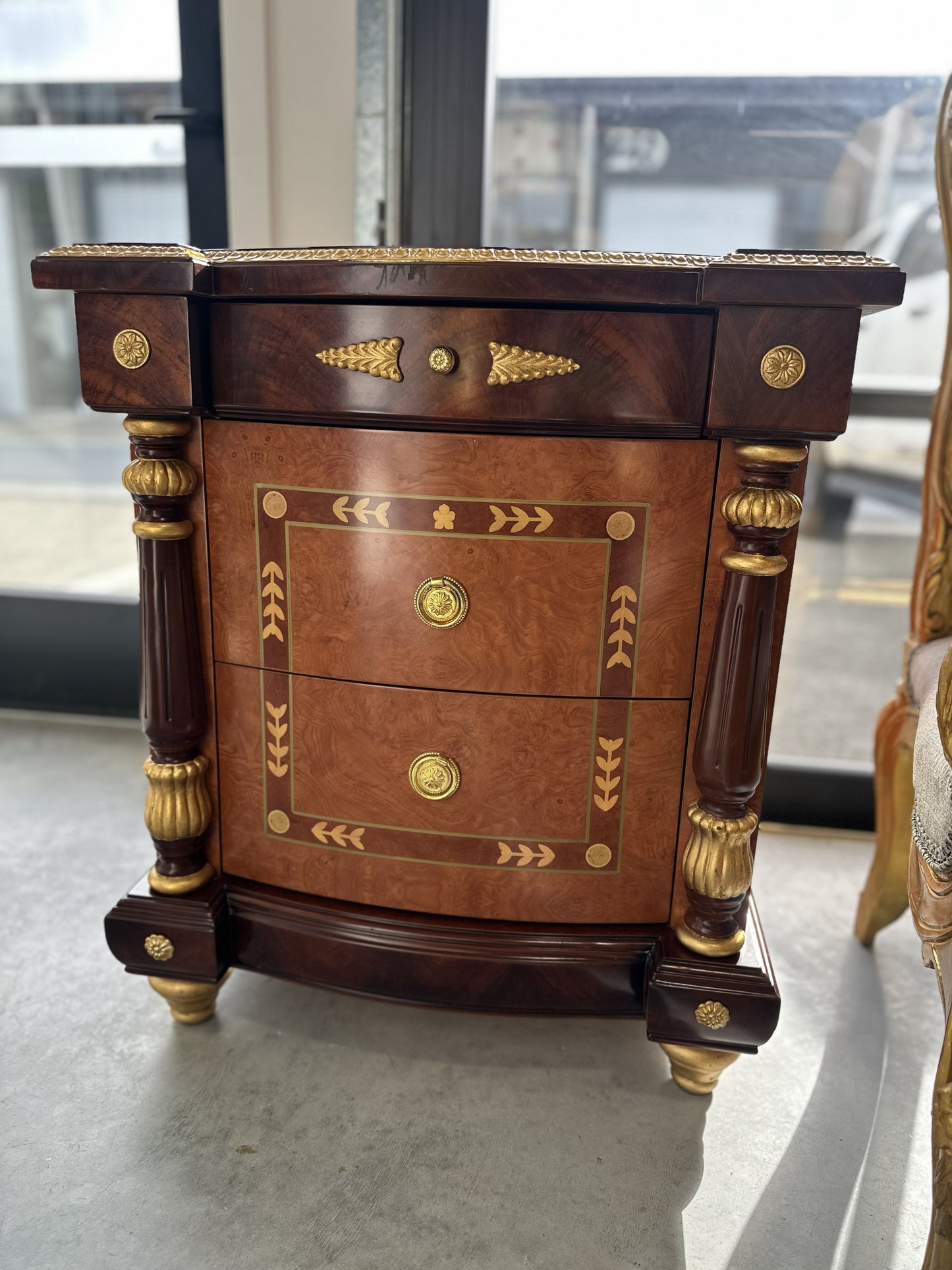19th Century French style Bedside Table with Marquetry Inlay look with Giltwood Accents