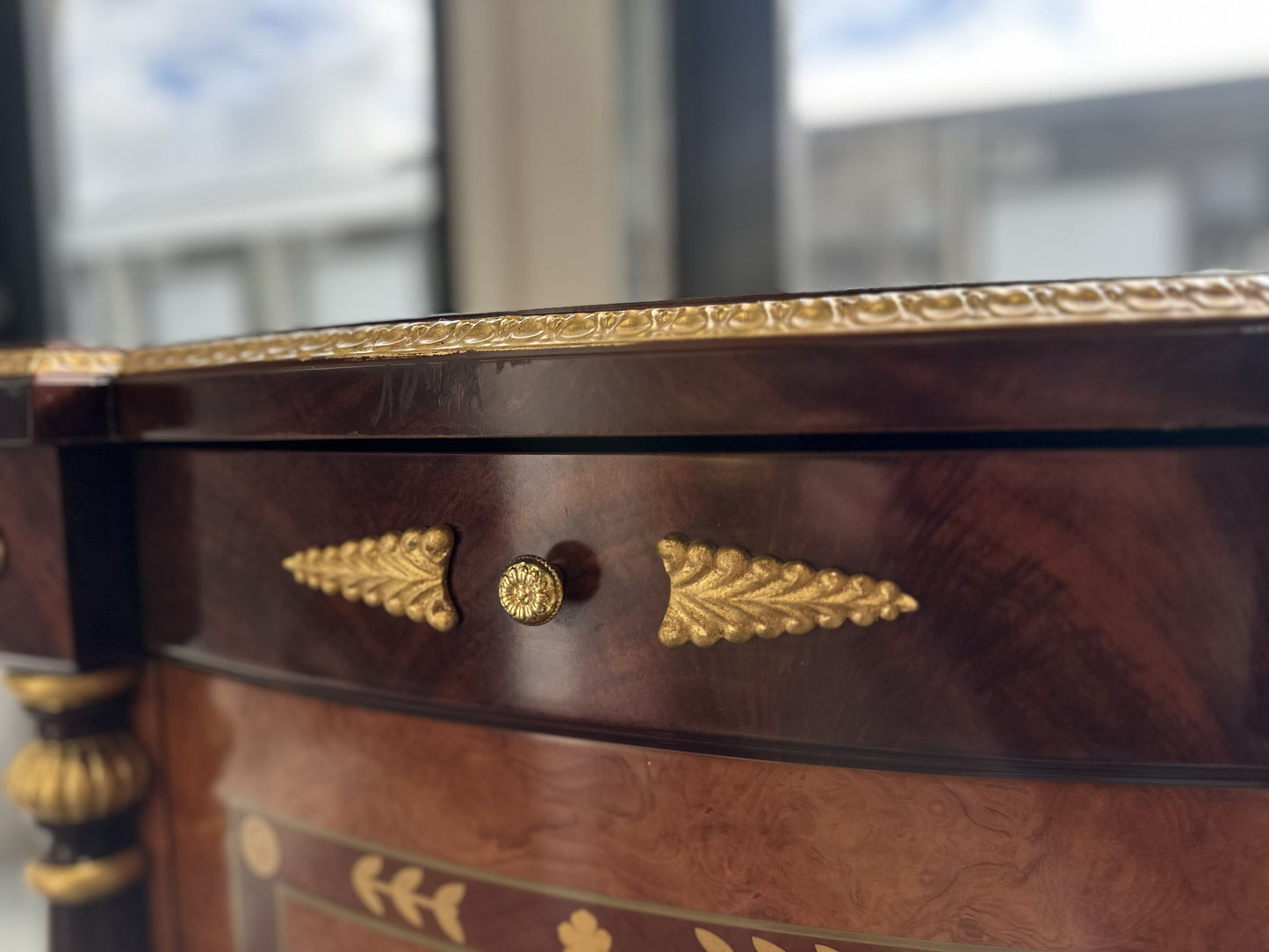 19th Century French style Bedside Table with Marquetry Inlay look with Giltwood Accents
