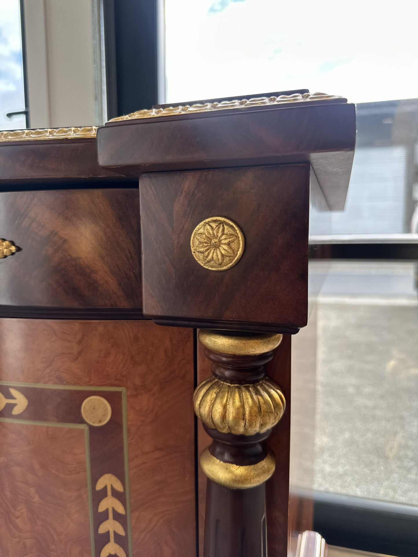 19th Century French style Bedside Table with Marquetry Inlay look with Giltwood Accents