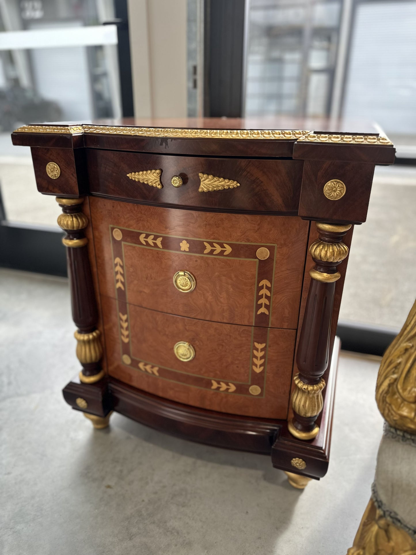 19th Century French style Bedside Table with Marquetry Inlay look with Giltwood Accents