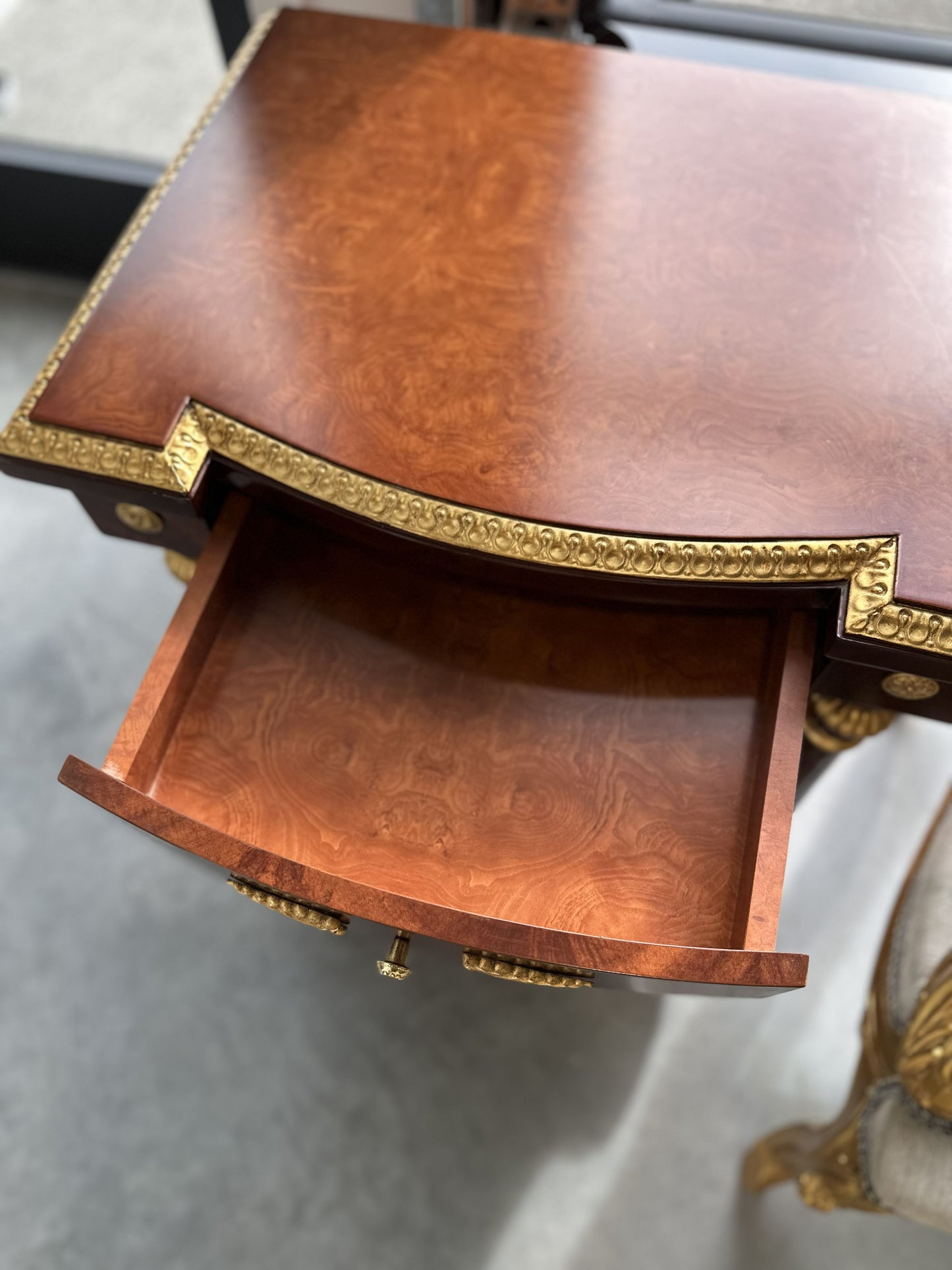 19th Century French style Bedside Table with Marquetry Inlay look with Giltwood Accents