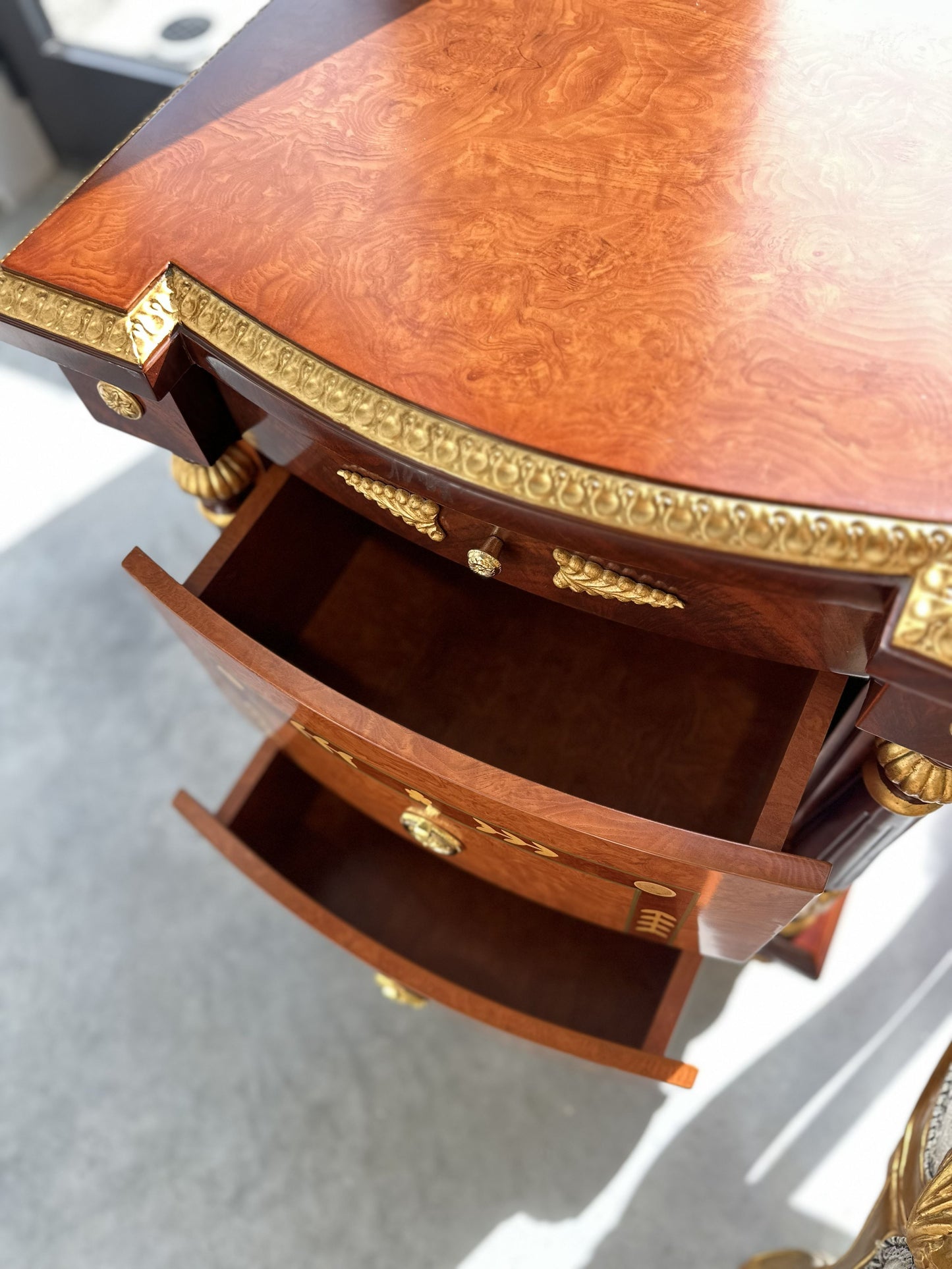 19th Century French style Bedside Table with Marquetry Inlay look with Giltwood Accents