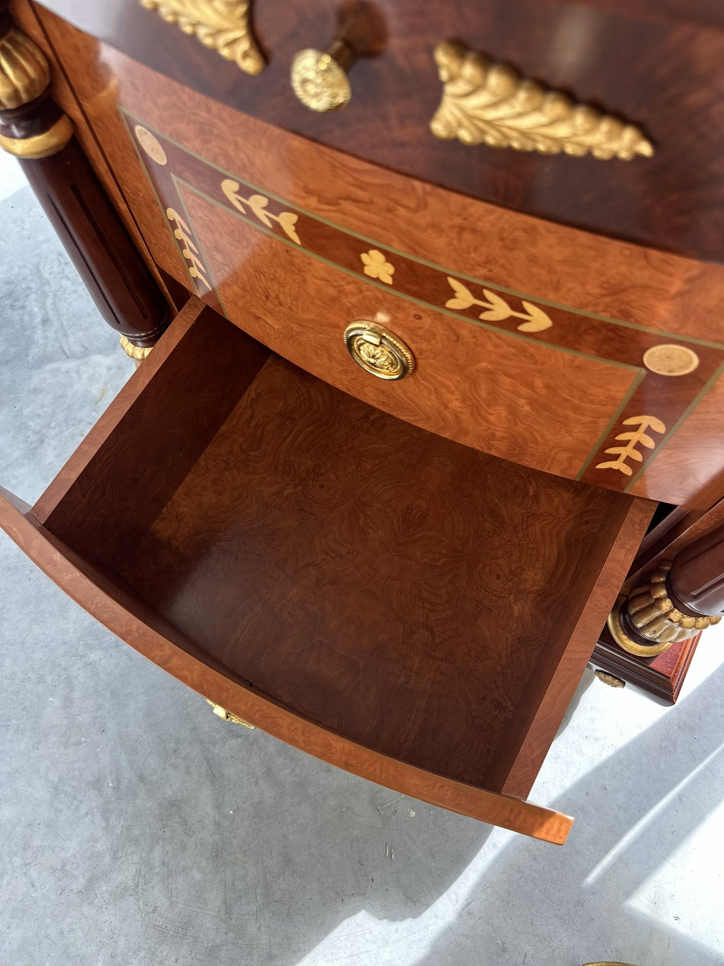 19th Century French style Bedside Table with Marquetry Inlay look with Giltwood Accents