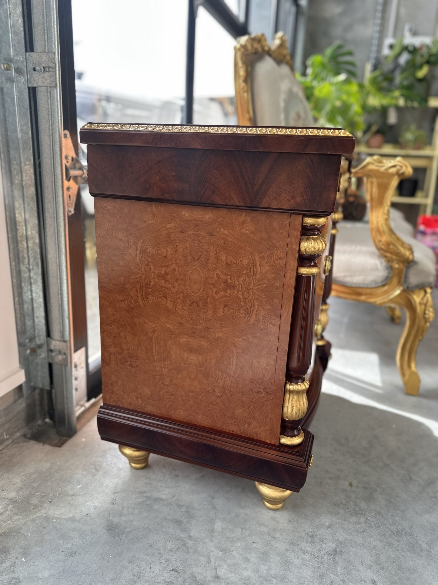 19th Century French style Bedside Table with Marquetry Inlay look with Giltwood Accents