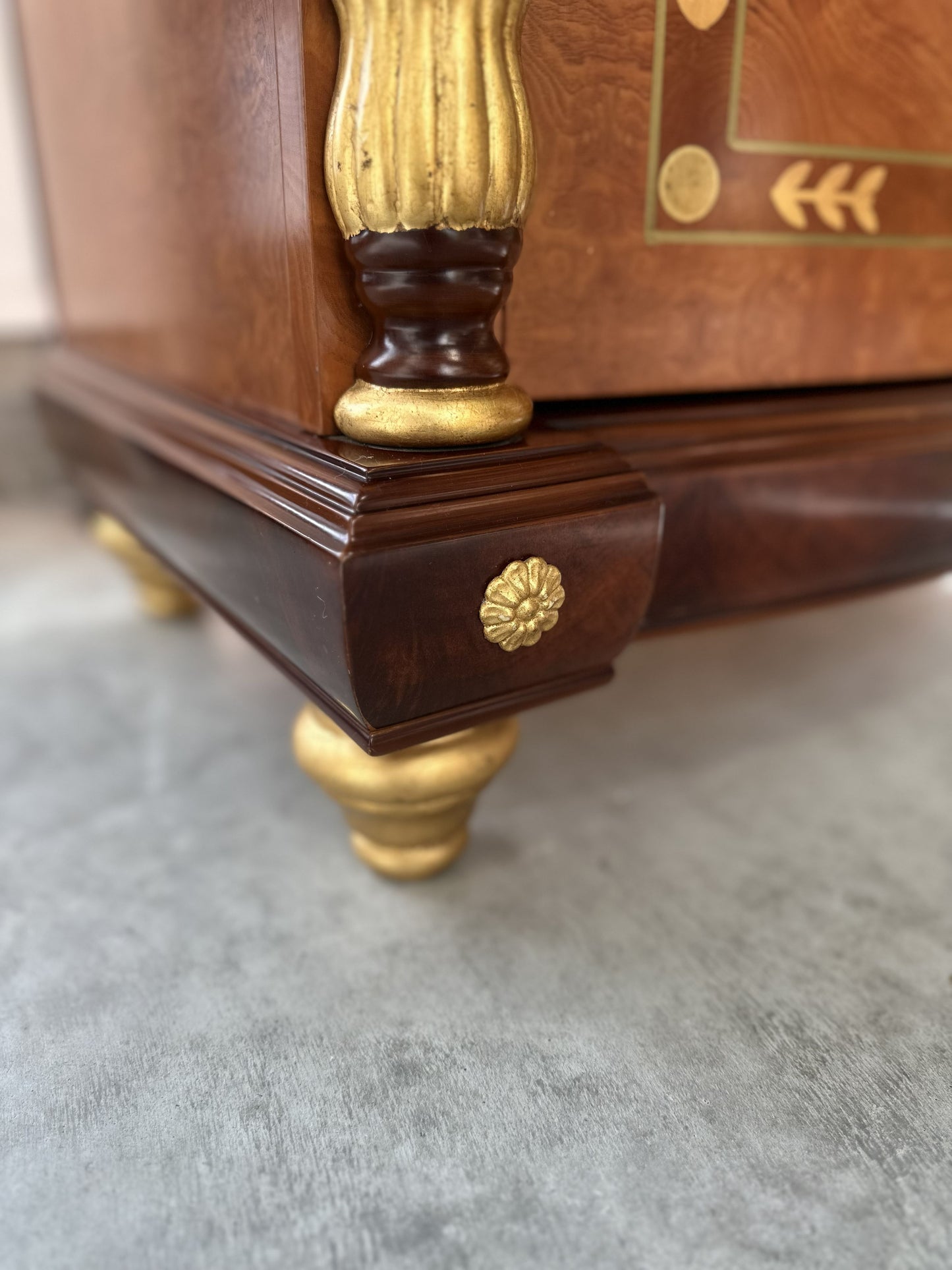 19th Century French style Bedside Table with Marquetry Inlay look with Giltwood Accents