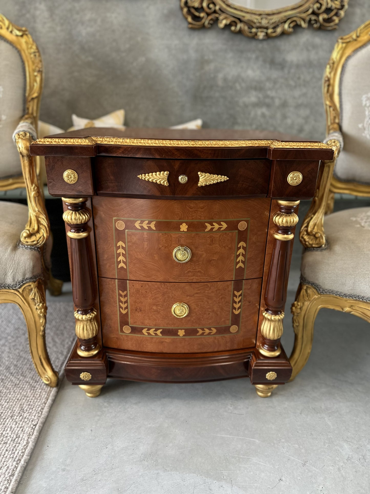 19th Century French style Bedside Table with Marquetry Inlay look with Giltwood Accents