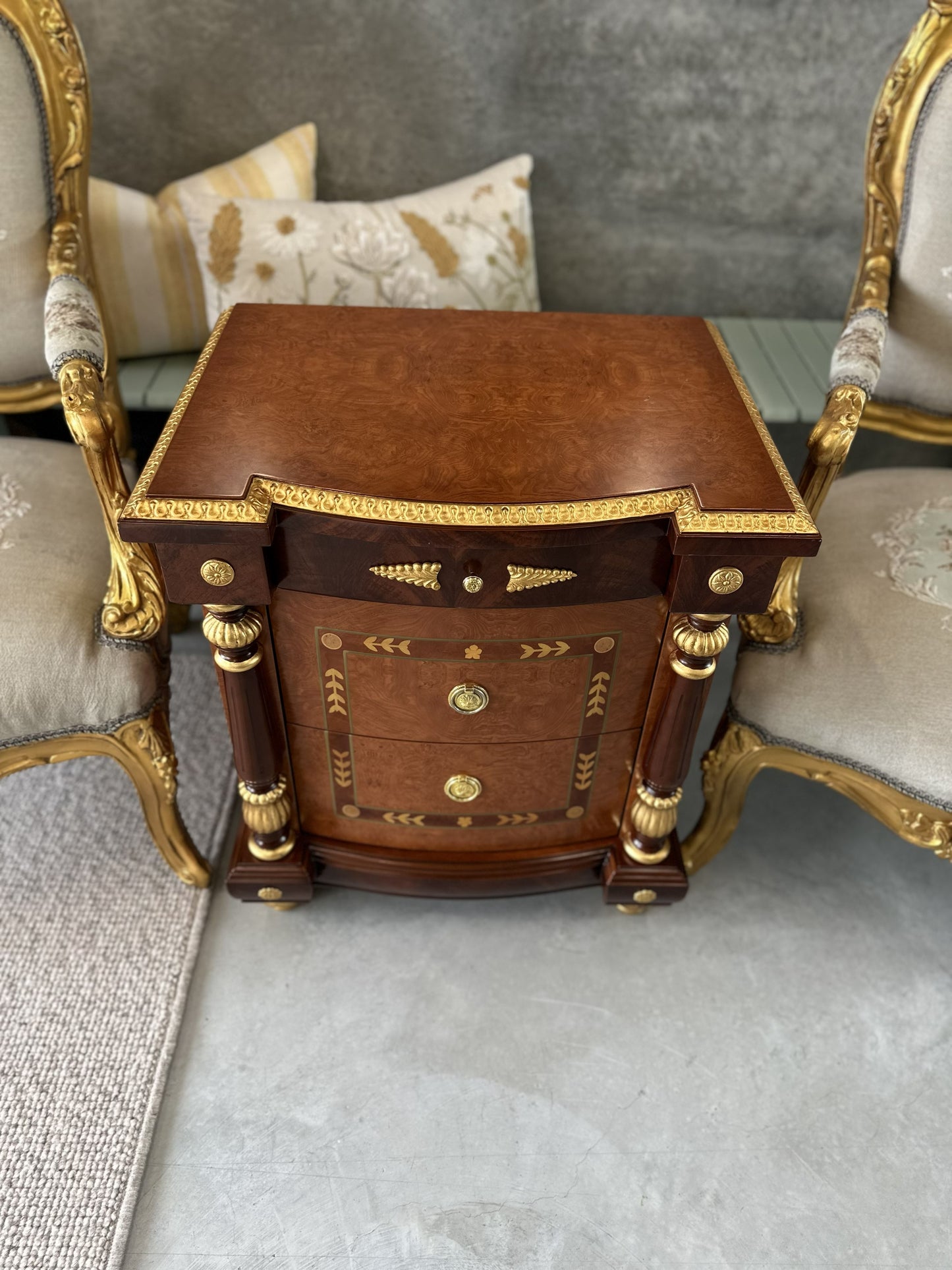 19th Century French style Bedside Table with Marquetry Inlay look with Giltwood Accents
