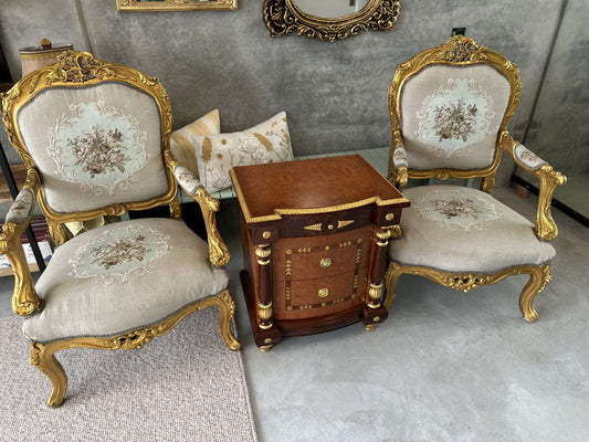 19th Century French style Bedside Table with Marquetry Inlay look with Giltwood Accents