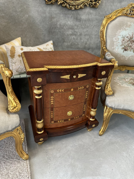 19th Century French style Bedside Table with Marquetry Inlay look with Giltwood Accents
