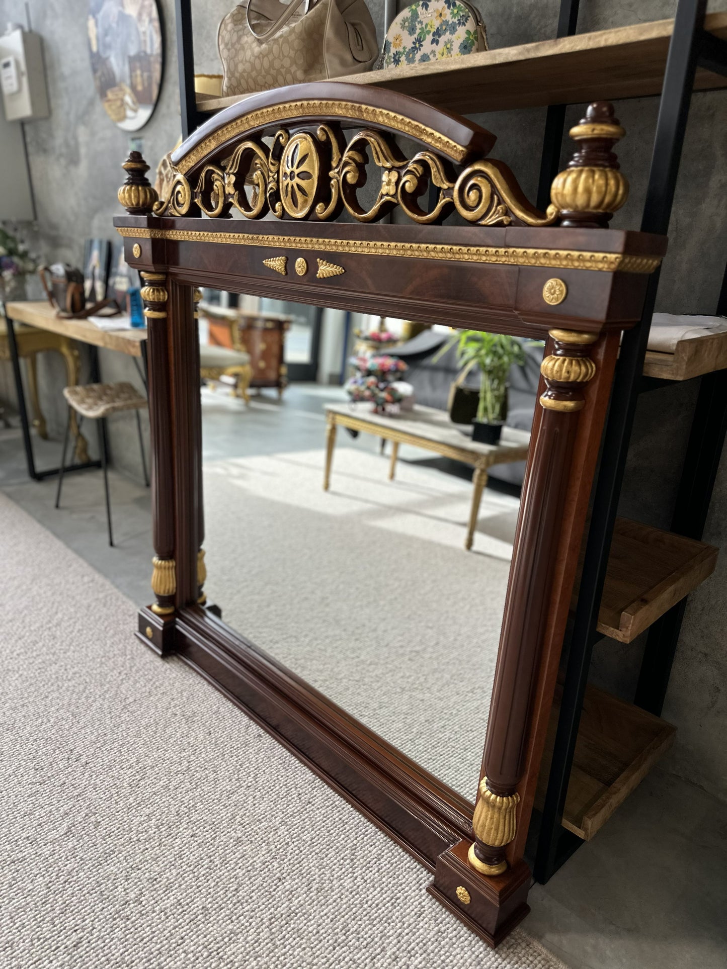 19th Century French Ormolu-Mounted Mahogany Style Mirror with Giltwood Accents
