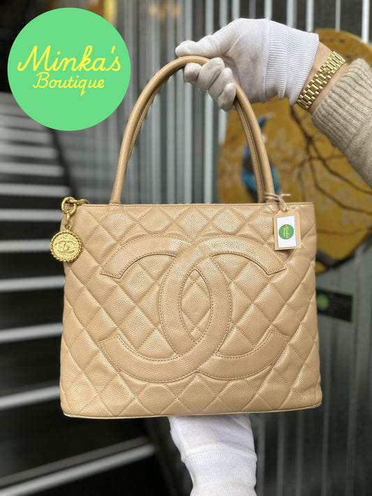 Chanel Beige Caviar Medallion Tote
