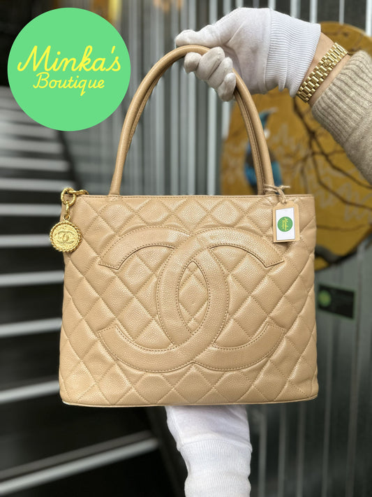 Chanel Beige Caviar Medallion Tote